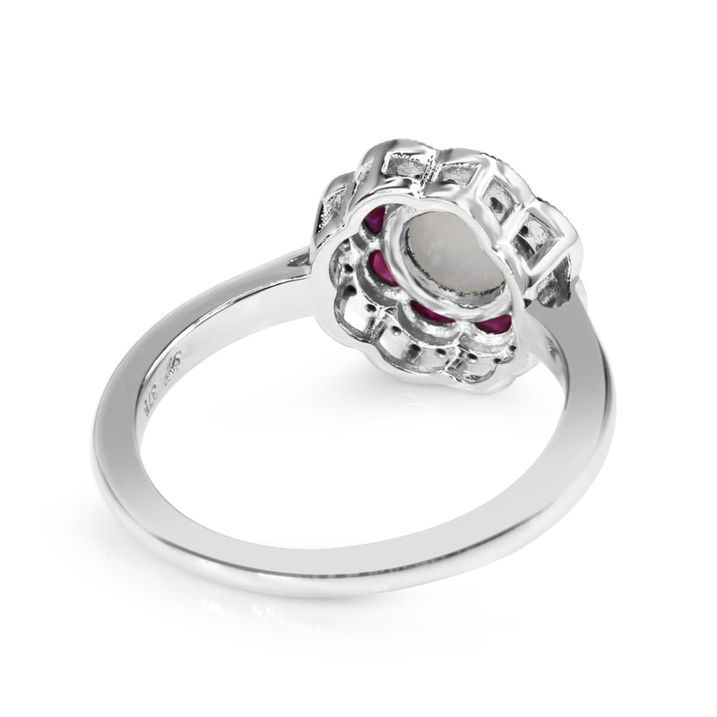 9ct White Gold Moonstone, Ruby and Diamond Daisy Style Ring