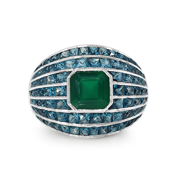 9ct White Gold Green Agate and Topaz Domed Ring