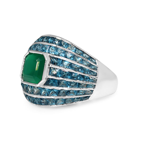 9ct White Gold Green Agate and Topaz Domed Ring