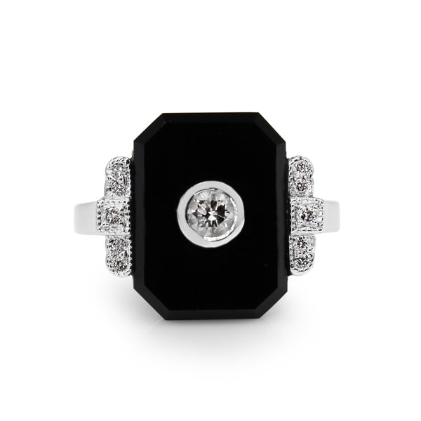 9ct White Gold Onyx and Diamond Art Deco Style Ring
