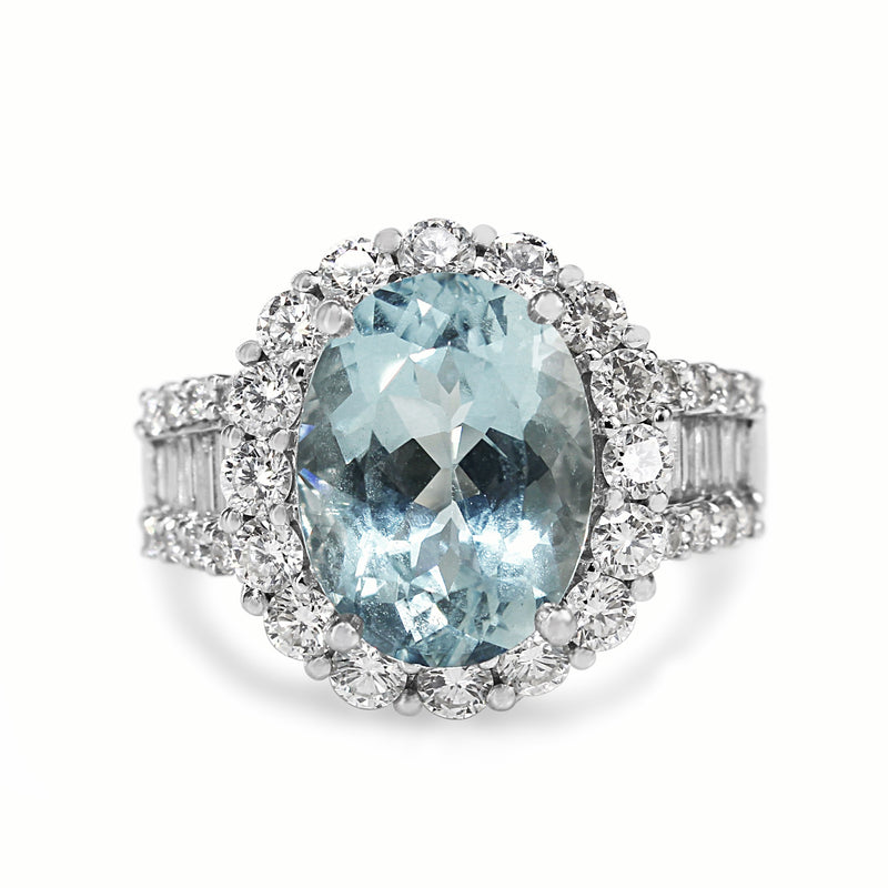 18ct White Gold Aquamarine and Diamond Halo Ring