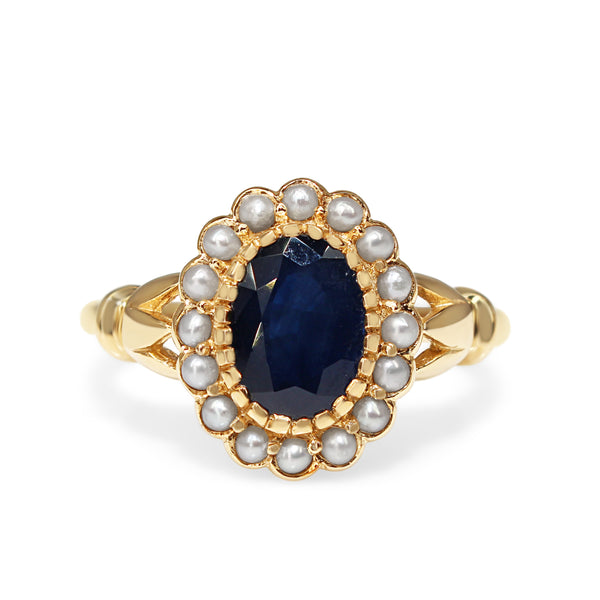 9ct Yellow Gold Sapphire and Pearl Daisy Cluster Ring