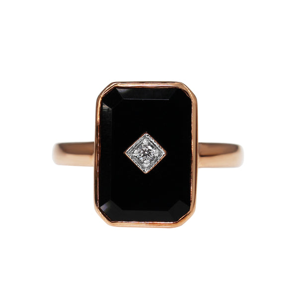 9ct Rose Gold Onyx and Diamond Large Rectangle Ring