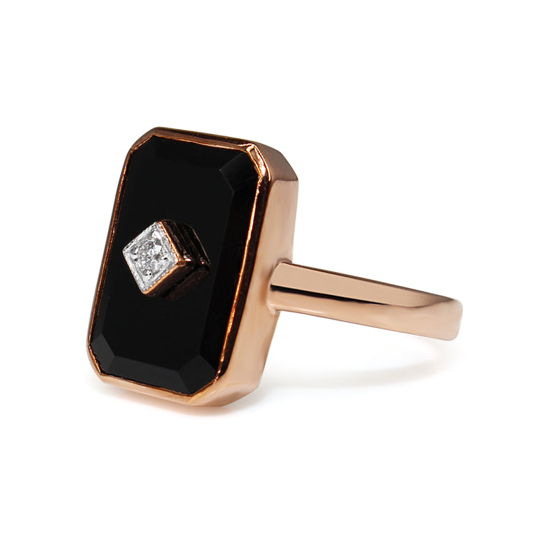 9ct Rose Gold Onyx and Diamond Large Rectangle Ring