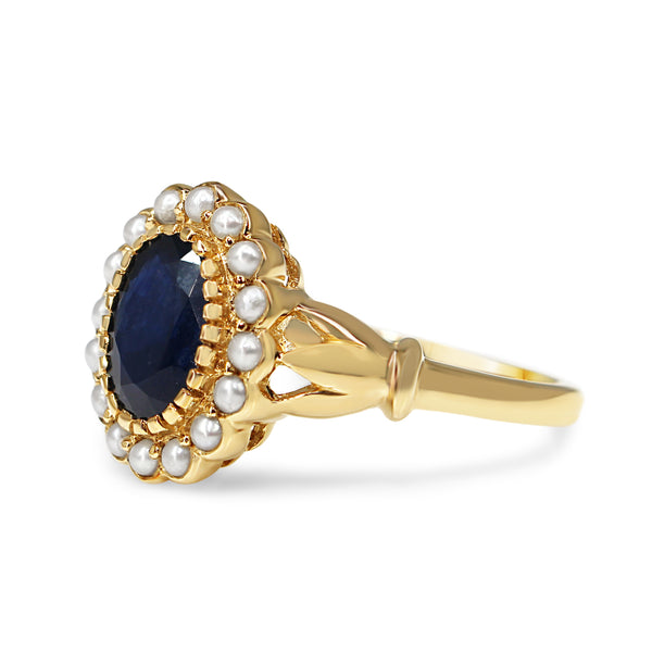 9ct Yellow Gold Sapphire and Pearl Daisy Cluster Ring