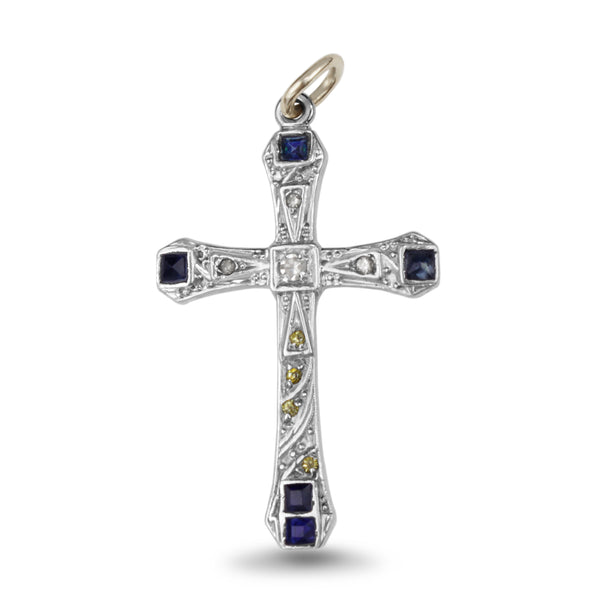 9ct White Gold Single Cut White and Yellow Diamond and Sapphire Cross Necklace