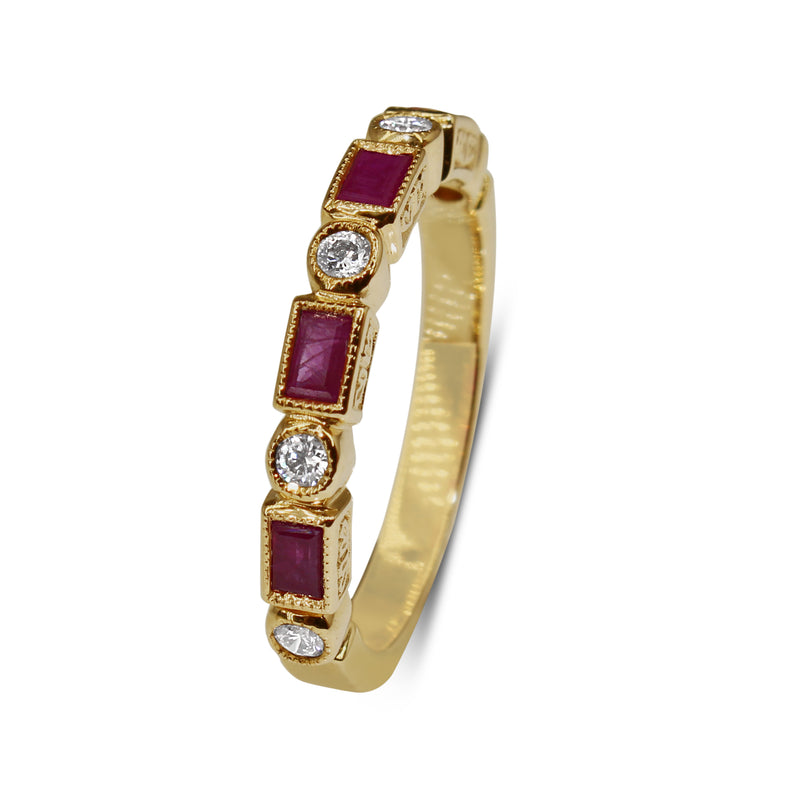 9ct Yellow Gold Ruby and Diamond Deco Style Band Ring