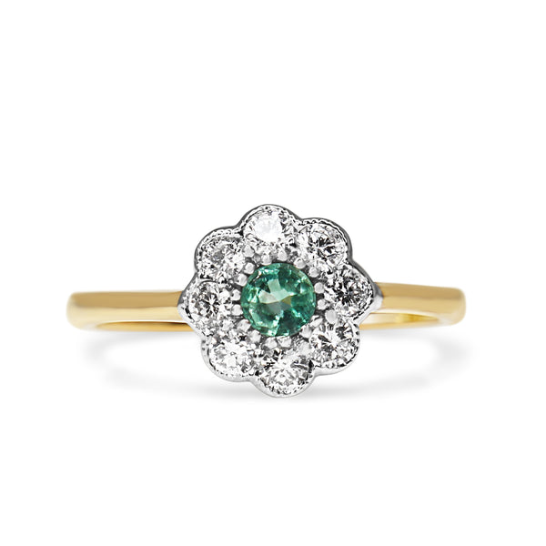 9ct Yellow and White Gold Emerald and Diamond Daisy Flower Ring