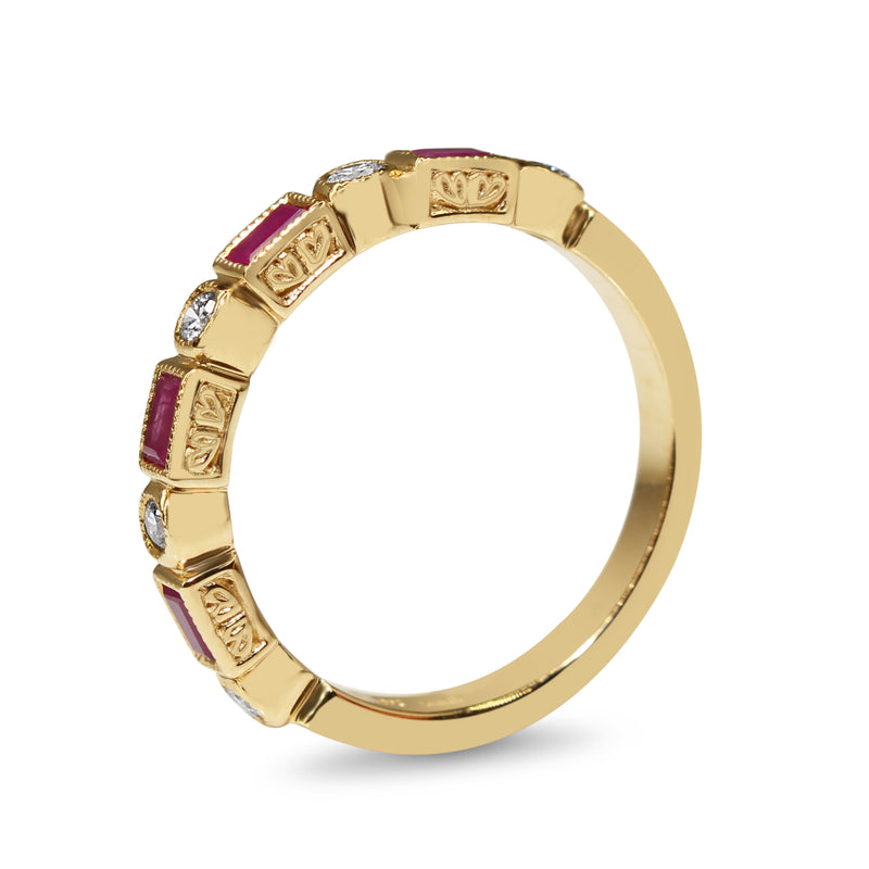 9ct Yellow Gold Ruby and Diamond Deco Style Band Ring