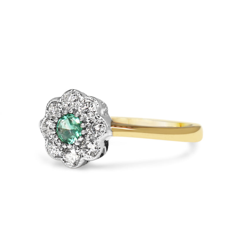 9ct Yellow and White Gold Emerald and Diamond Daisy Flower Ring