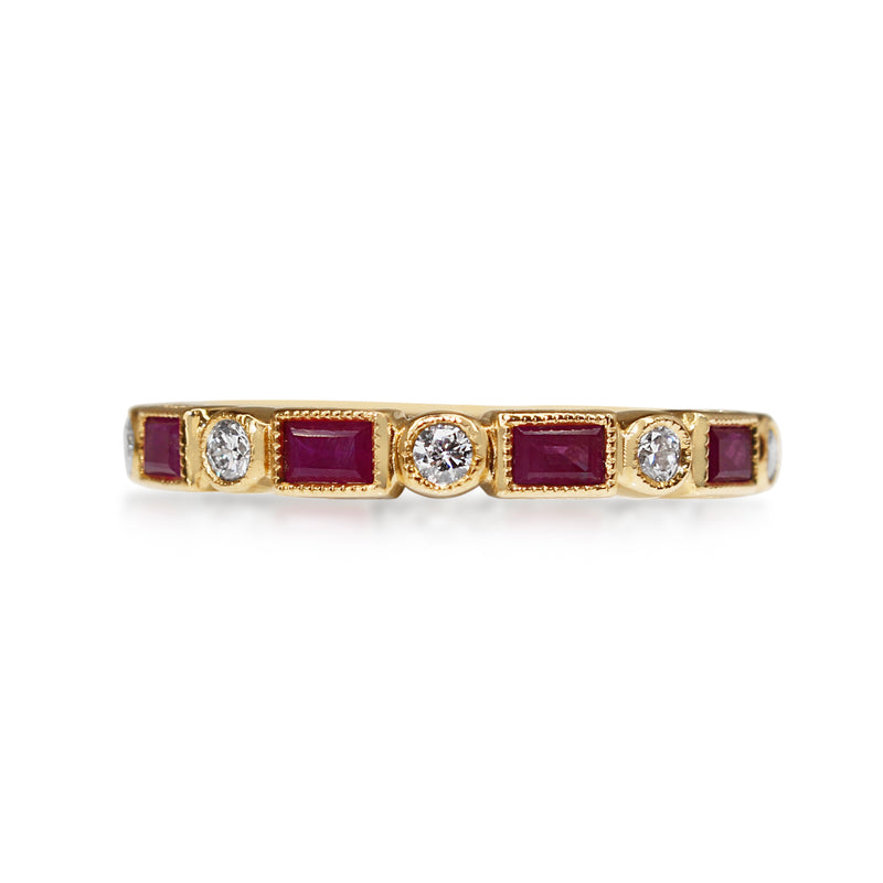 9ct Yellow Gold Ruby and Diamond Deco Style Band Ring