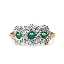 9ct Yellow and White Gold Emerald and Diamond Flower Style Ring