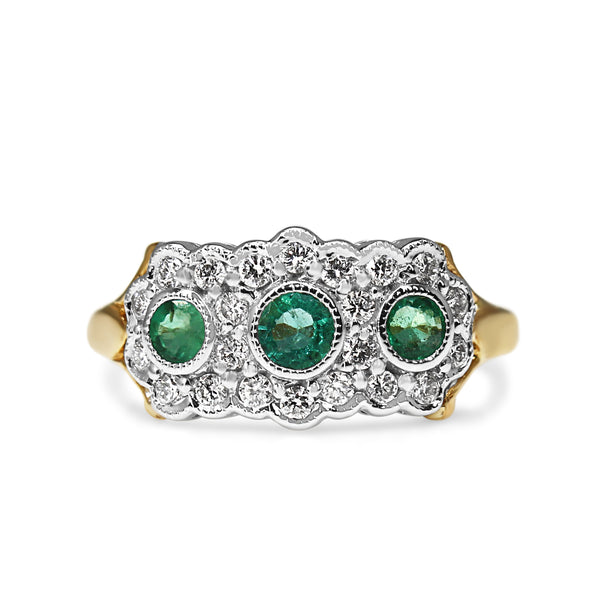 9ct Yellow and White Gold Emerald and Diamond Flower Style Ring