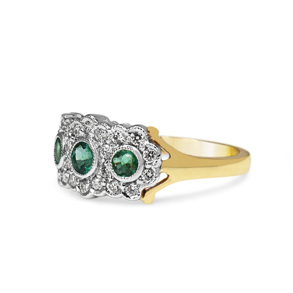 9ct Yellow and White Gold Emerald and Diamond Flower Style Ring