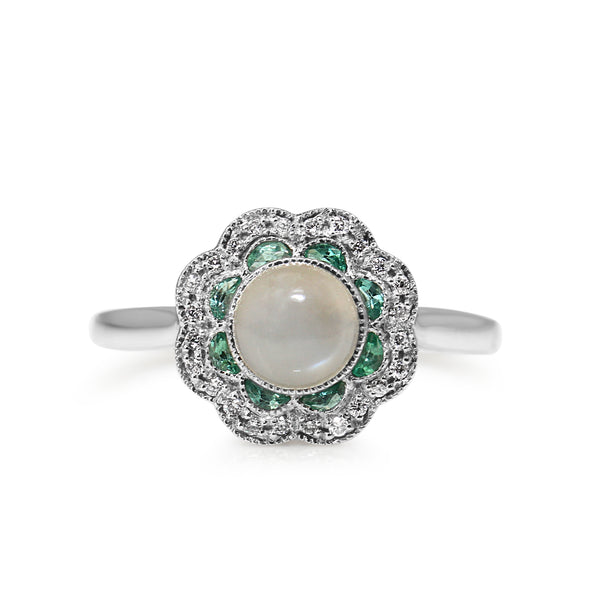 9ct White Gold Moonstone, Emerald and Diamond Daisy Ring