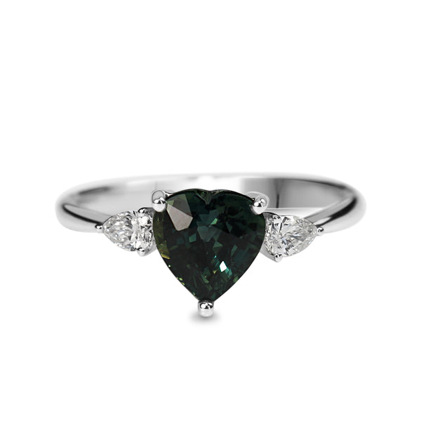 18ct White Gold Heart Teal Sapphire and Pear Diamond 3 Stone Ring
