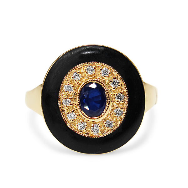 9ct Yellow Gold Sapphire, Diamond and Enamel Halo Ring