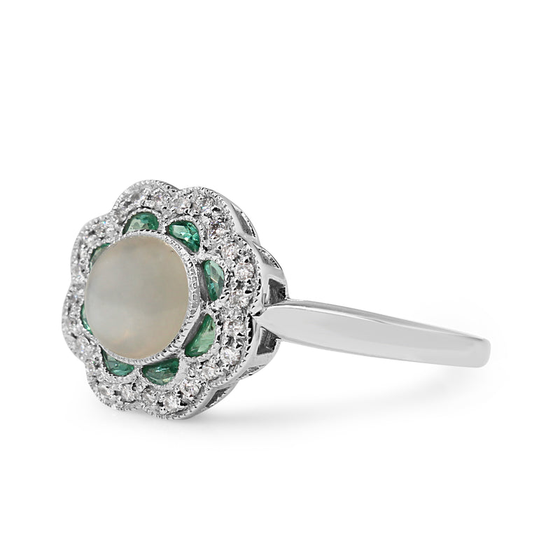 9ct White Gold Moonstone, Emerald and Diamond Daisy Ring