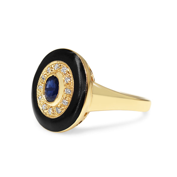 9ct Yellow Gold Sapphire, Diamond and Enamel Halo Ring