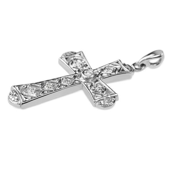 14ct White Gold Filigree Diamond Cross Pendant