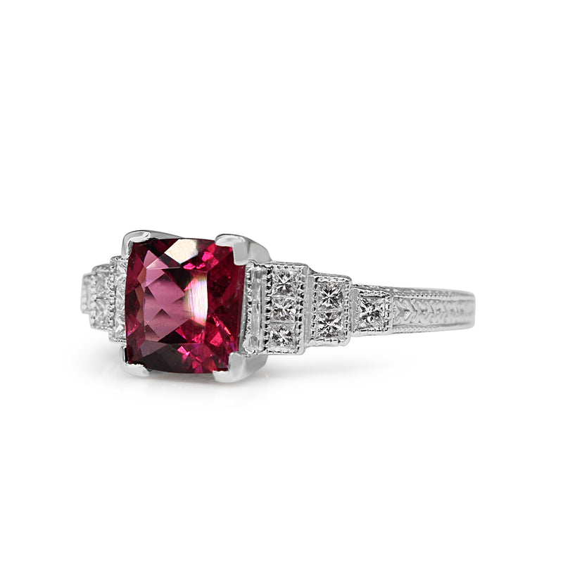 18ct White Gold Pink Tourmaline and Diamond Step Down Deco Style Ring