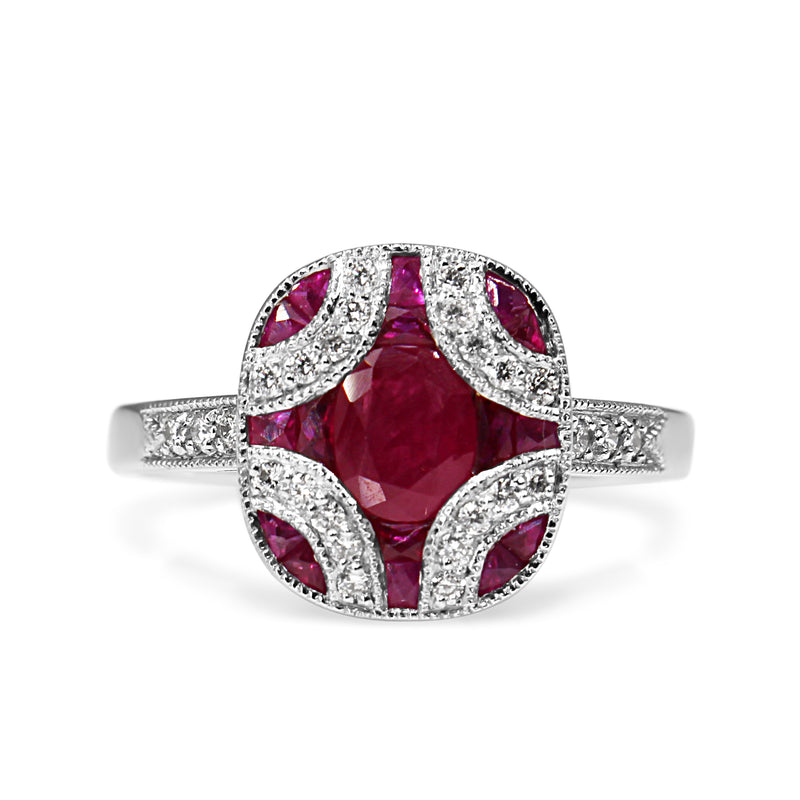 9ct White Gold Ruby and Diamond Art Deco Style Ring