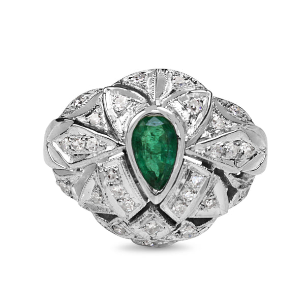 Palladium Emerald and Diamond Cluster Ring
