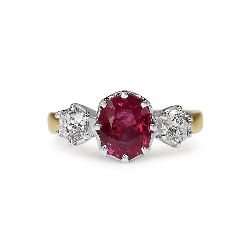 18ct Yellow and White Gold Vintage Style Ruby and Diamond 3 Stone Ring