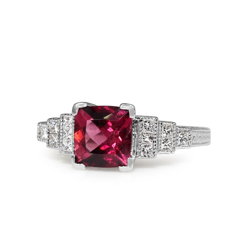 18ct White Gold Pink Tourmaline and Diamond Step Down Deco Style Ring