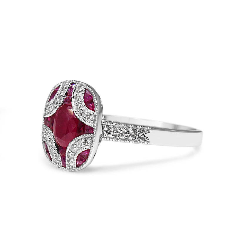 9ct White Gold Ruby and Diamond Art Deco Style Ring