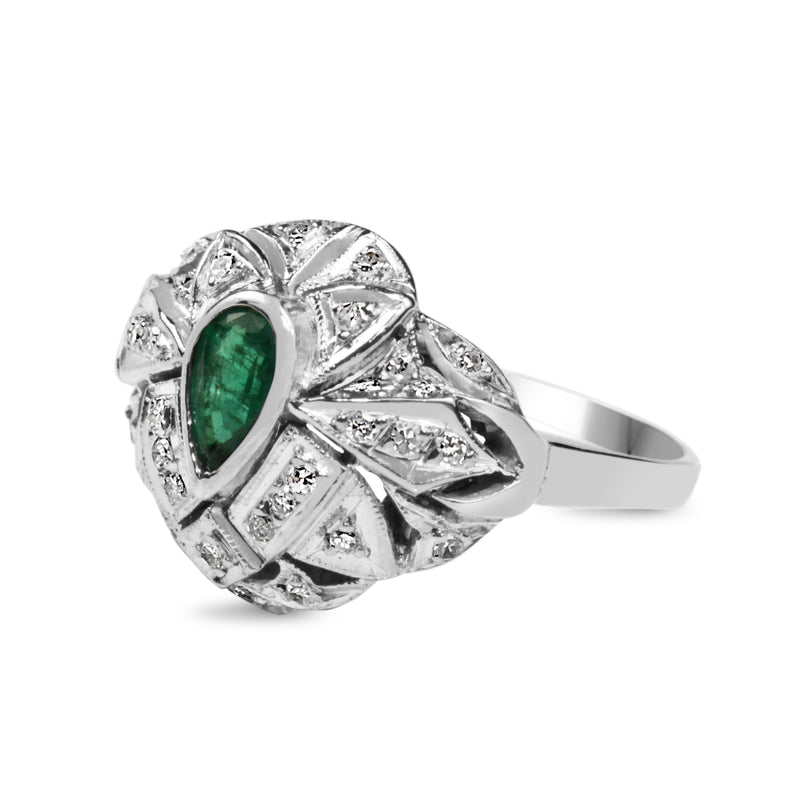 Palladium Emerald and Diamond Cluster Ring