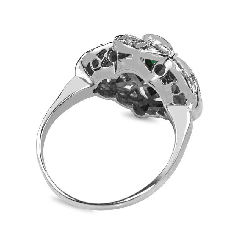 Palladium Emerald and Diamond Cluster Ring