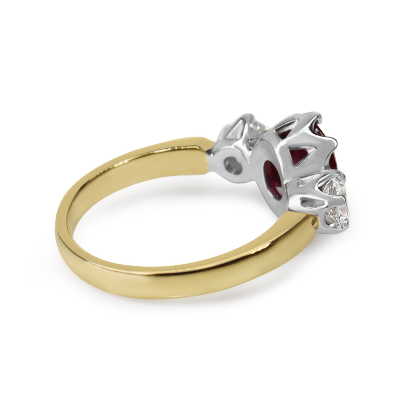 18ct Yellow and White Gold Vintage Style Ruby and Diamond 3 Stone Ring
