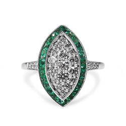 9ct White Gold Deco Style Emerald and Diamond Cluster Marquise Ring