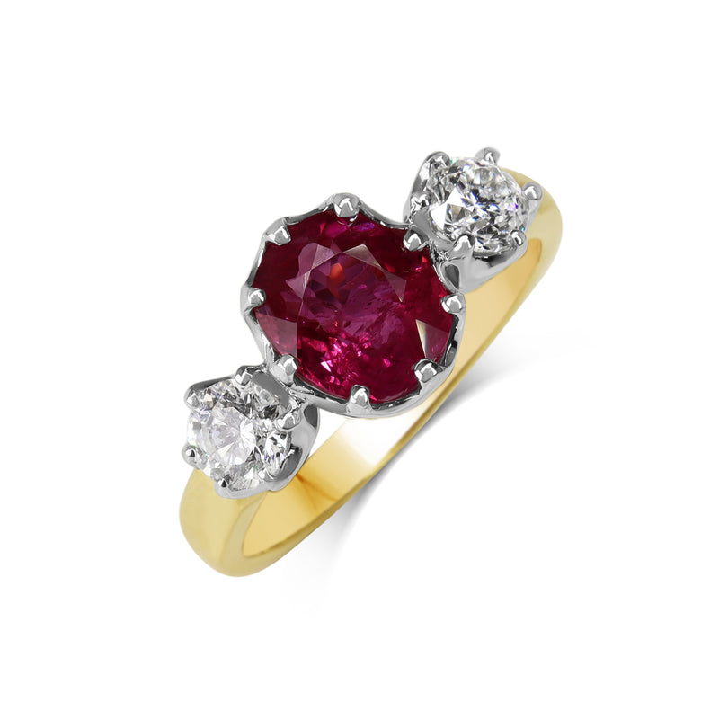 18ct Yellow and White Gold Vintage Style Ruby and Diamond 3 Stone Ring