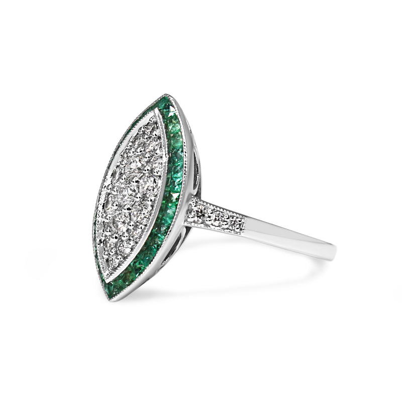 9ct White Gold Deco Style Emerald and Diamond Cluster Marquise Ring