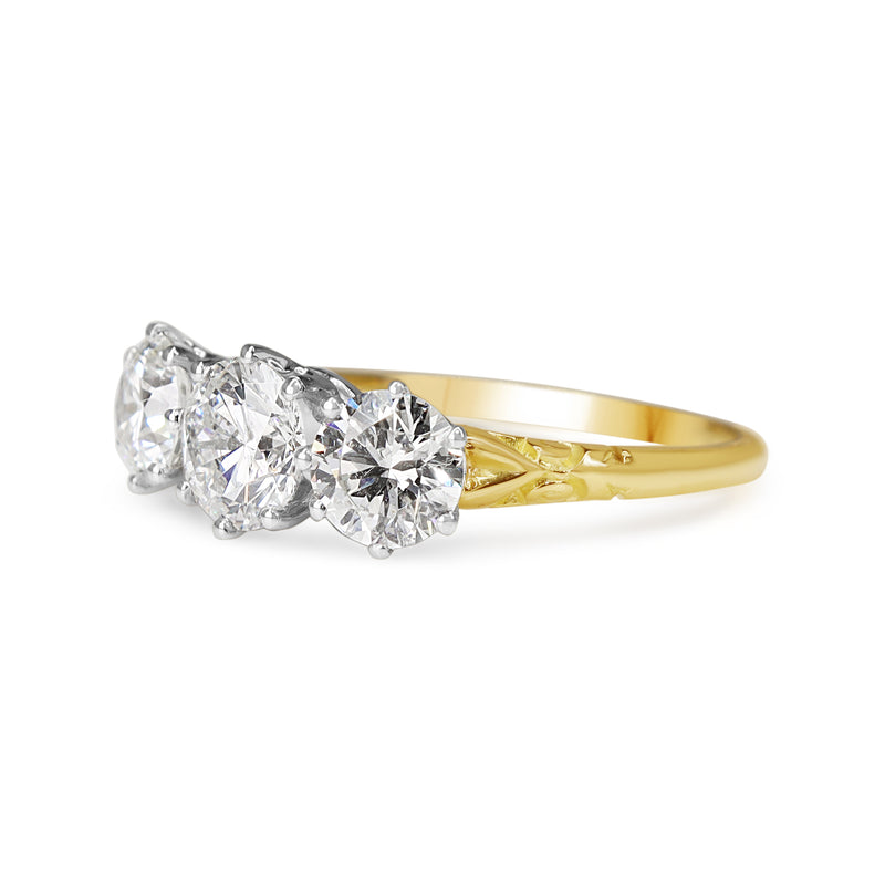 18ct Yellow and White Gold 3 Stone Ring With Etched Shoulders