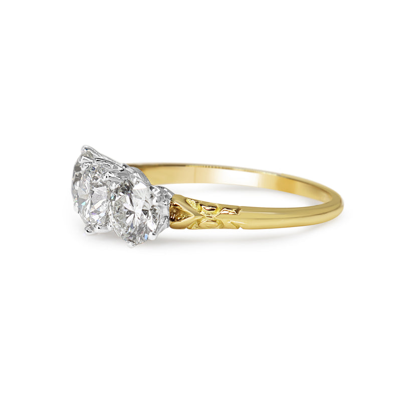 18ct Yellow and White Gold 3 Stone Ring With Etched Shoulders