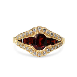 9ct Yellow Gold Garnet and Diamond Deco Style Ring