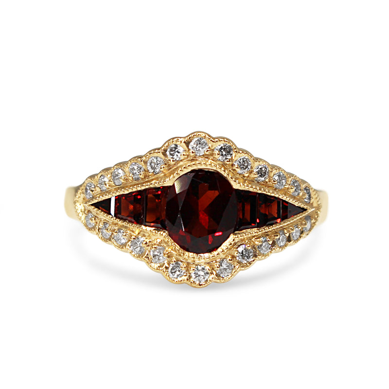 9ct Yellow Gold Garnet and Diamond Deco Style Ring