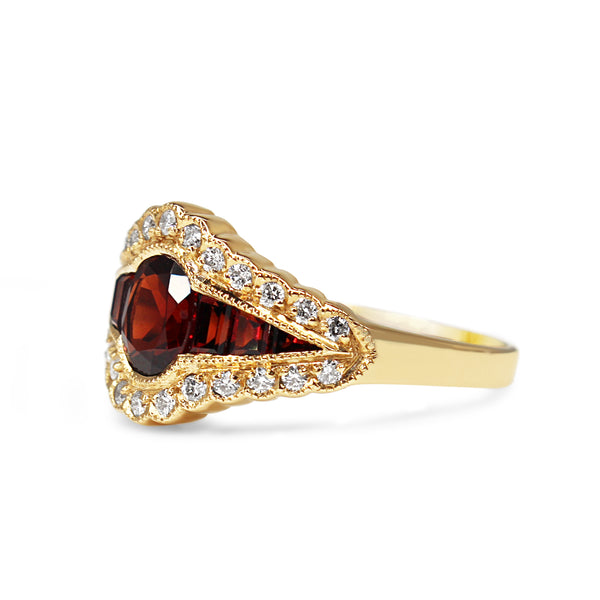 9ct Yellow Gold Garnet and Diamond Deco Style Ring