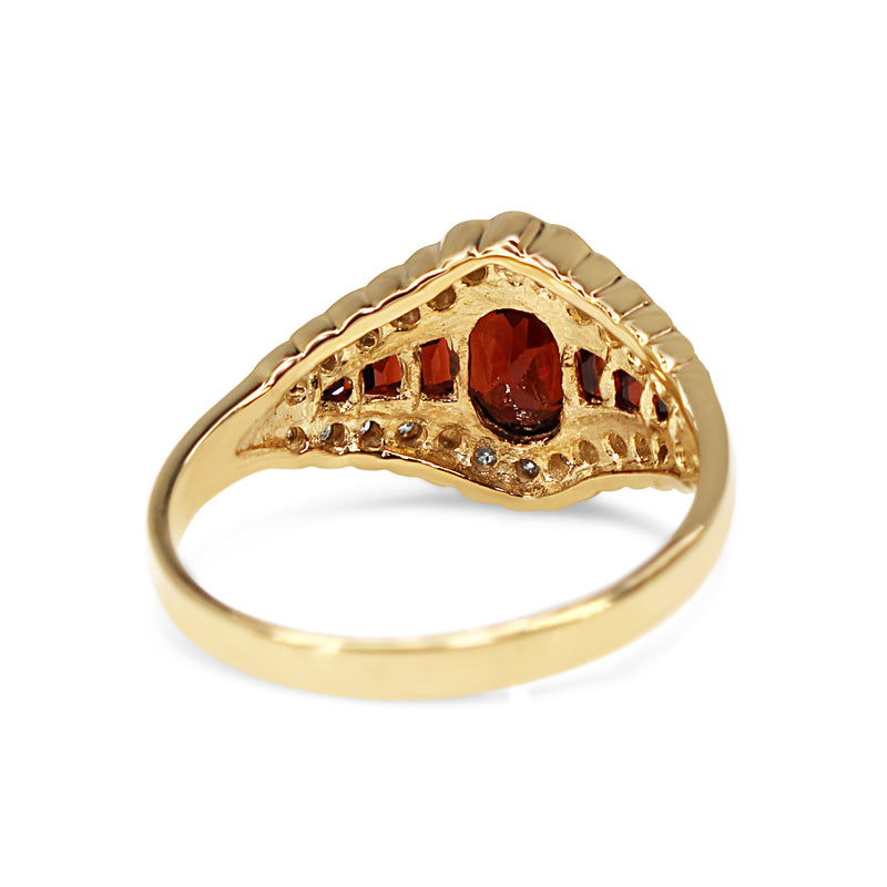 9ct Yellow Gold Garnet and Diamond Deco Style Ring