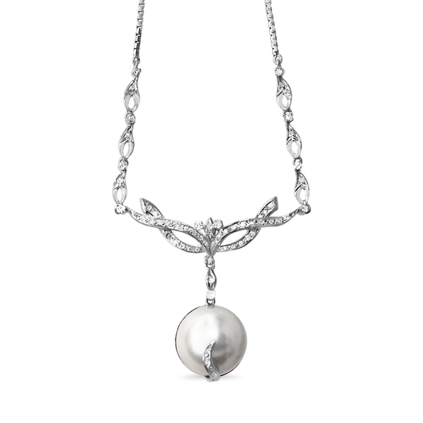 Palladium Vintage Mabe Pearl and Diamond Necklace