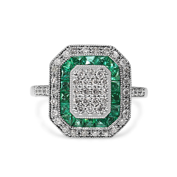 9ct White Gold Deco Style Emerald and Diamond Cluster Ring