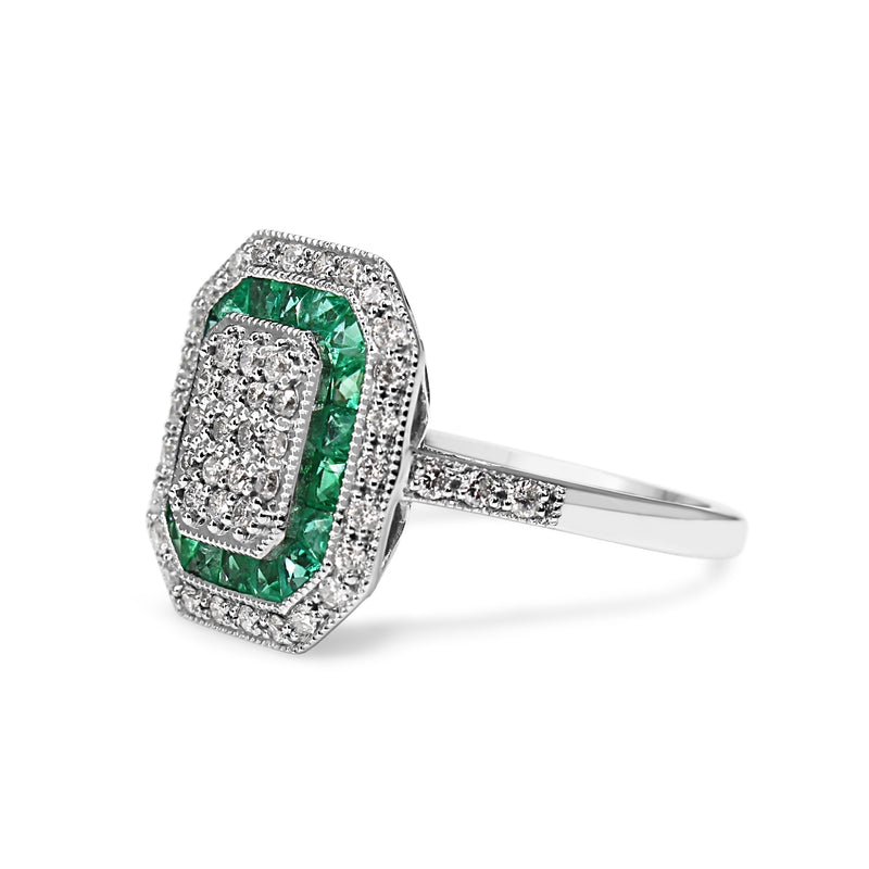 9ct White Gold Deco Style Emerald and Diamond Cluster Ring