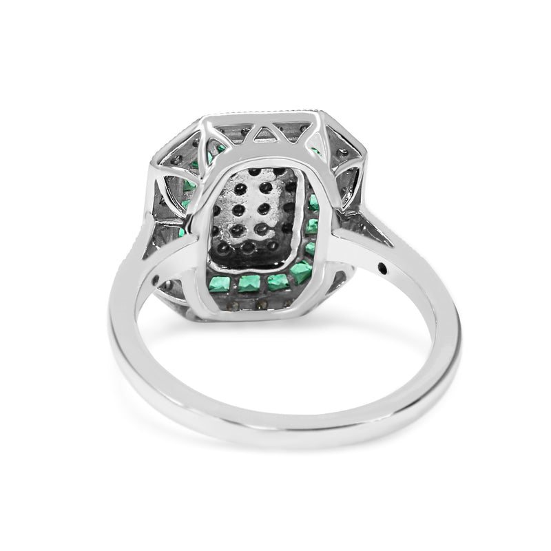 9ct White Gold Deco Style Emerald and Diamond Cluster Ring