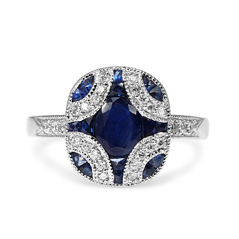 9ct White Gold Art Deco Style Sapphire and Diamond Ring