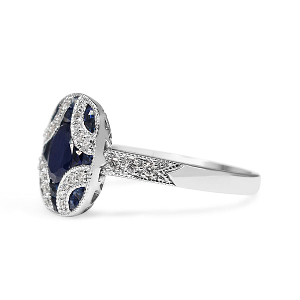 9ct White Gold Art Deco Style Sapphire and Diamond Ring