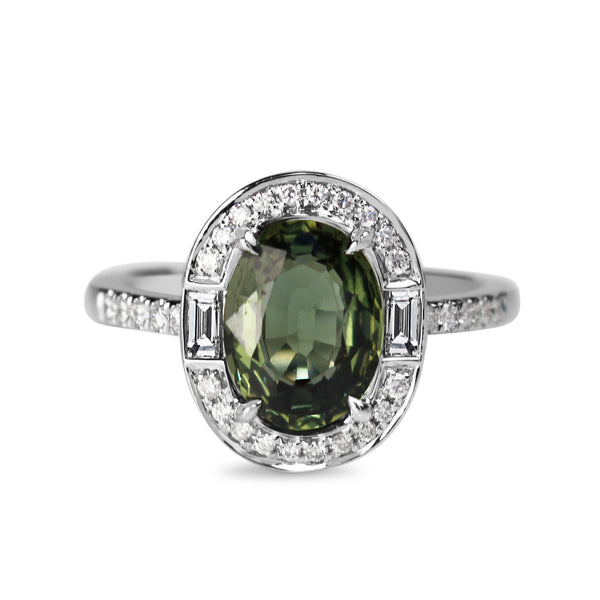 18ct White Gold Deco Style Green Sapphire And Diamond Halo Ring