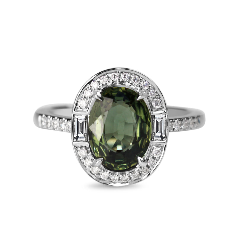 18ct White Gold Deco Style Green Sapphire And Diamond Halo Ring